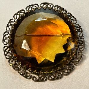Vintage large faceted glass Stamped West Germany gold tone filigree brooch